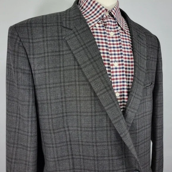 Haggar Mens Sport Coat Blazer Two Button Charcoal Gray Plaid Polyester blend 52L